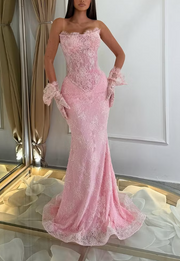 Pink Strapless Scoop Neck Mermaid Lace Sleeveless Long Prom Dress