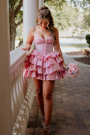 Pink Strapless Lace Corset Homecoming Mini Dress with Tiered Ruffles