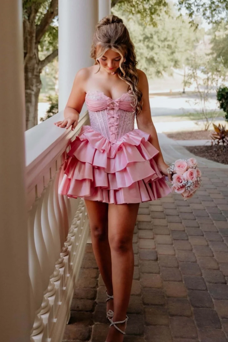 Pink Strapless Lace Corset Homecoming Mini Dress with Tiered Ruffles