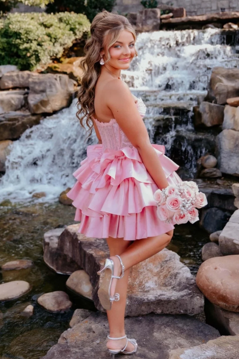 Pink Strapless Lace Corset Homecoming Mini Dress with Tiered Ruffles