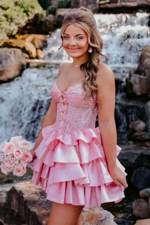 Pink Strapless Lace Corset Homecoming Mini Dress with Tiered Ruffles