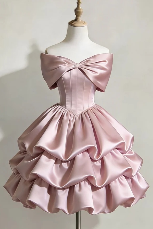 Pink Off-Shoulder Ruffles A-Line Satin Homecoming Cocktail Dress with Bow