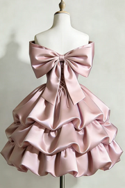 Pink Off-Shoulder Ruffles A-Line Satin Homecoming Cocktail Dress with Bow