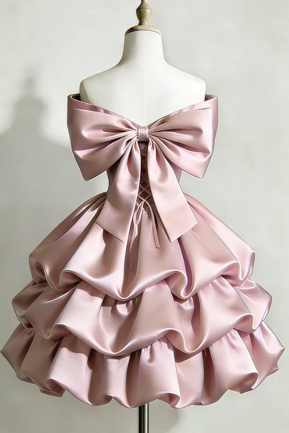Pink Off-Shoulder Ruffles A-Line Satin Homecoming Cocktail Dress with Bow