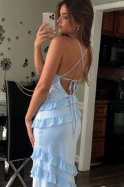 Blue Spaghetti Straps Ruffles Sheath Sleeveless Long Prom Party Dress