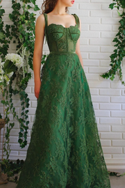 Green A-Line Straps Empire-Waist Lace Appliques Empire-Waist Sweetheart Long Prom Dress