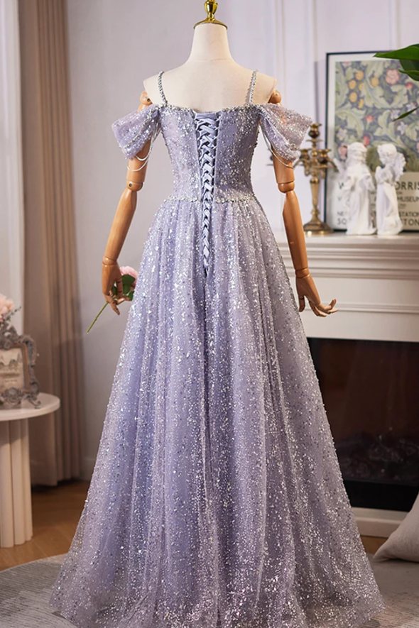 Lilac Spaghetti Straps Sweetheart Glitter A-Line Sequins Long Prom Dress with Beading