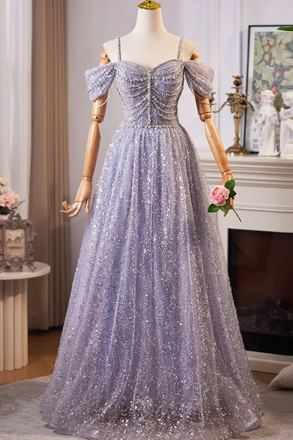 Lilac Spaghetti Straps Sweetheart Glitter A-Line Sequins Long Prom Dress with Beading