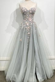A-Line Strapless Sweetheart Tulle Lace Appliques Sleeveless Long Prom Dress