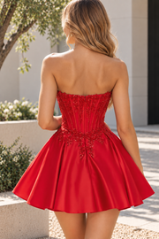 Red A-Line Empire-Waist Strapless Pleated Short Homecoming Dress with Appliques