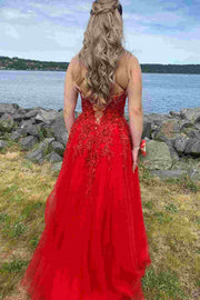 Red A-Line Spaghetti Straps Scoop Appliques Long Prom Formal Dress