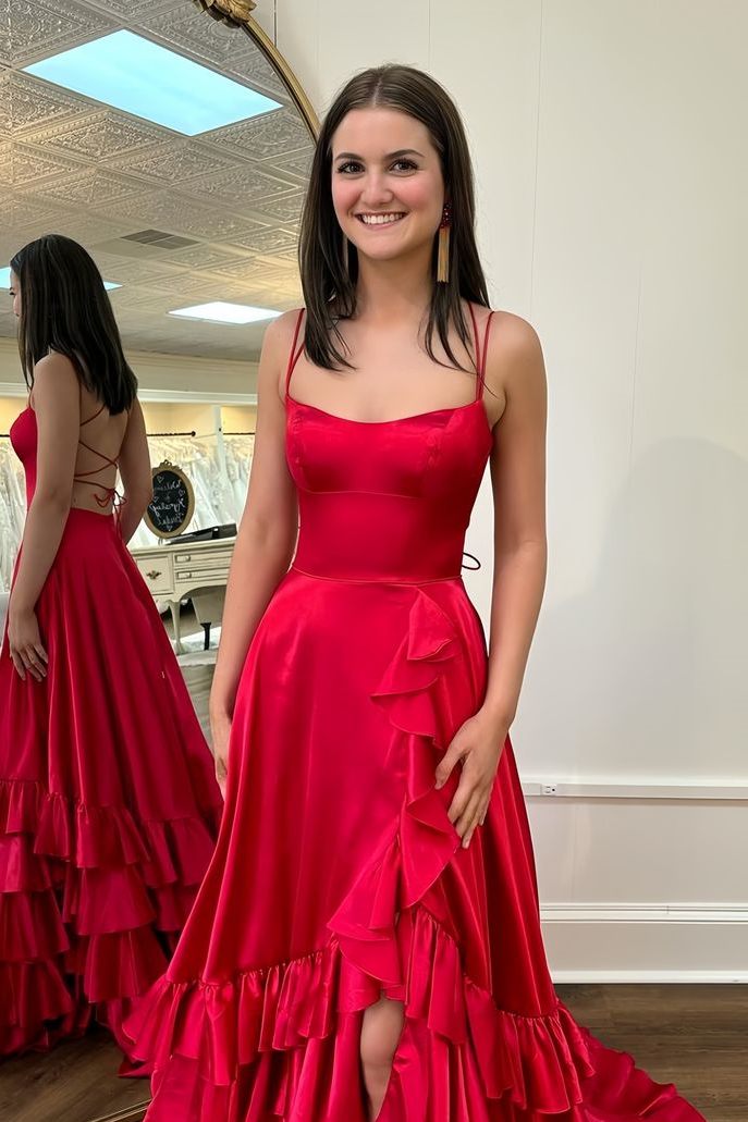 Red Spaghetti Straps Ruched Satin Long Prom Formal Dress with Slit