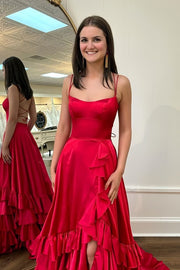 Red Spaghetti Straps Ruched Satin Long Prom Formal Dress with Slit