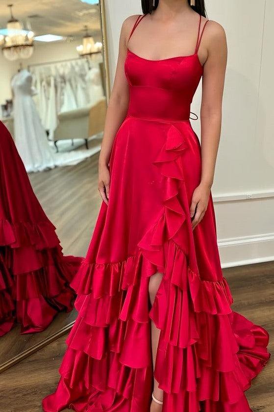 Red Spaghetti Straps Ruched Satin Long Prom Formal Dress with Slit