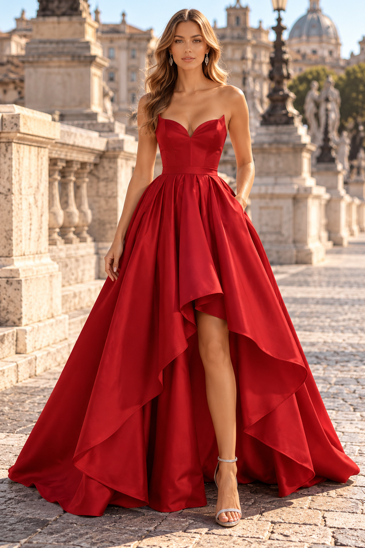 Red A-Line Strapless V-Neck Empire-Waist Sleeveless Long Prom Formal Dress