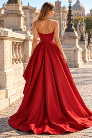 Red A-Line Strapless V-Neck Empire-Waist Sleeveless Long Prom Formal Dress