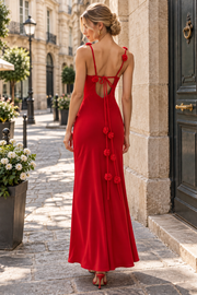 Red Double Straps V-Neck Satin Sheath Sleeveless Prom Formal Dress