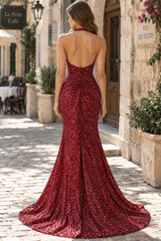 Red Halter V-Neck Sequined Sleeveless Mermaid Long Prom Dress with Slit