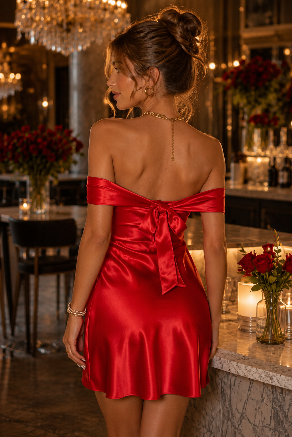 Red Satin Pleats Off-Shoulder Bow Homecoming Mini Dress