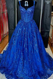 A-Line Royal Blue V-Neck Sleeveless Appliques Long Prom Dress