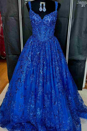 A-Line Royal Blue V-Neck Sleeveless Appliques Long Prom Dress