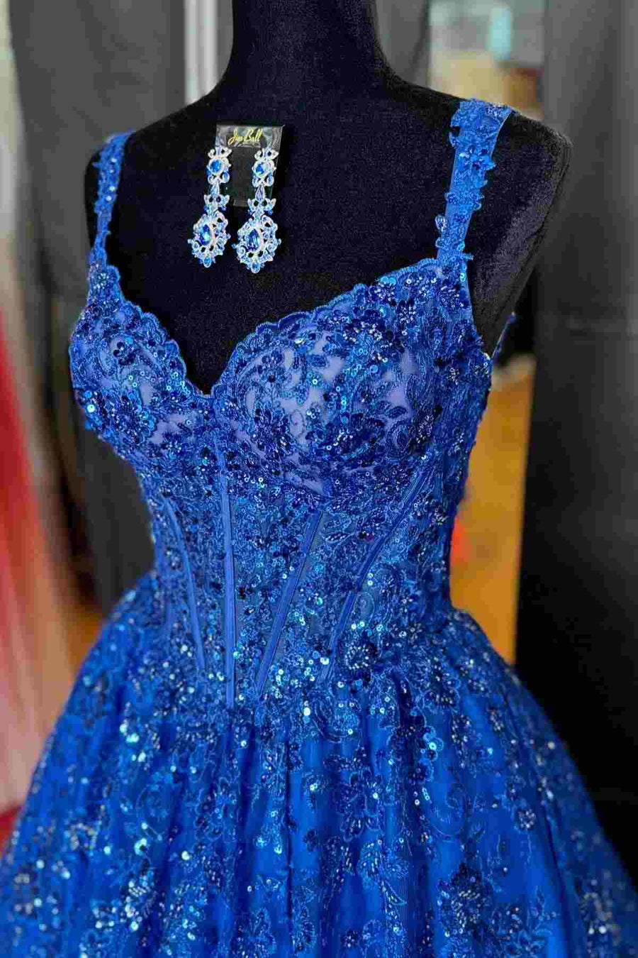 A-Line Royal Blue V-Neck Sleeveless Appliques Long Prom Dress