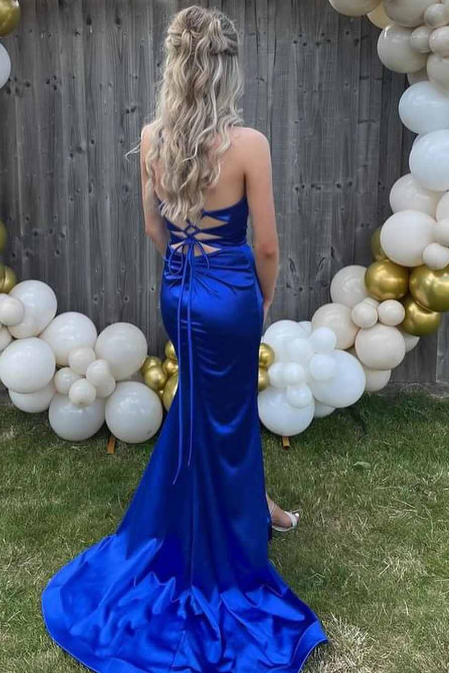 Mermaid Strapless Royal Blue V-Neck Sleeveless Satin Long Prom Dress