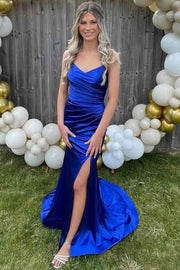 Mermaid Strapless Royal Blue V-Neck Sleeveless Satin Long Prom Dress