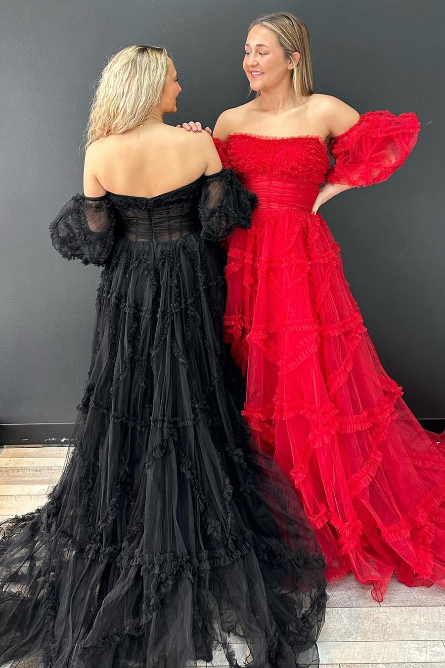 Magenta Strapless Ruffles A-Line Long Formal Dress with Puff Sleeves Modsele Magenta Strapless Ruffles A-Line Long Formal Dress with Puff Sleeves Modsele