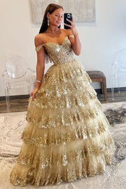 Off-the-Shoulder Gold Sequin Lace Ruffle Multi-Layer Long Gown