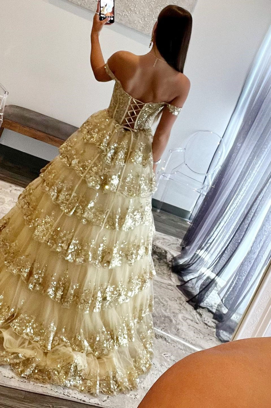 Off-the-Shoulder Gold Sequin Lace Ruffle Multi-Layer Long Gown