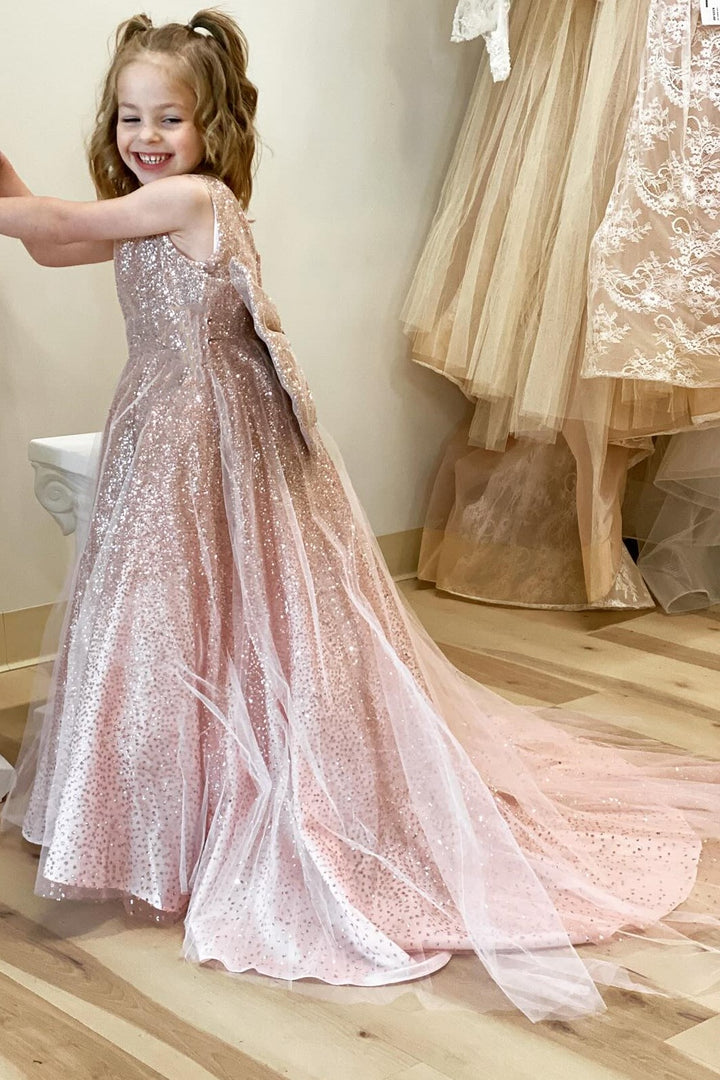 Glitter Rose Gold Bow Back Long Flower Girl Dress