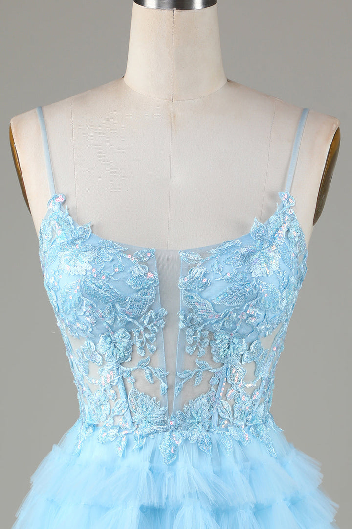 Light Blue Sheer Bodice Ruffle Tiered Short Homecoming Dress