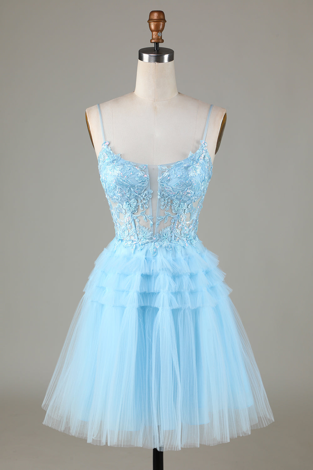 Light Blue Sheer Bodice Ruffle Tiered Short Homecoming Dress