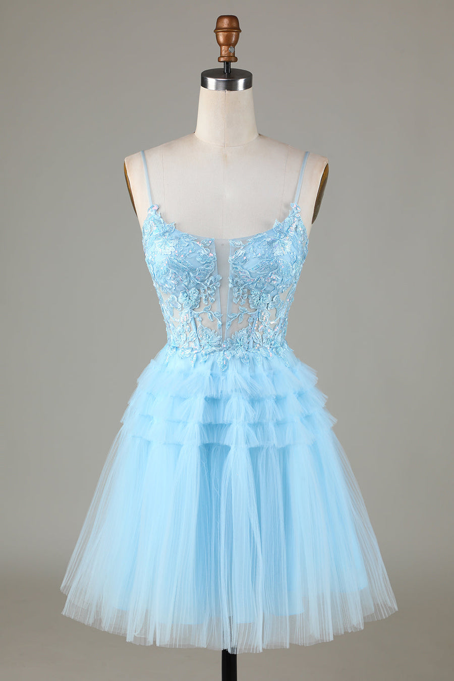 Light Blue Sheer Bodice Ruffle Tiered Short Homecoming Dress