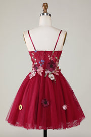 back of 3D Floral Spaghetti Strap A-Line Short Party Dress in Red