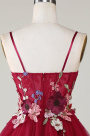 back of 3D Floral Spaghetti Strap A-Line Short Party Dress in Red