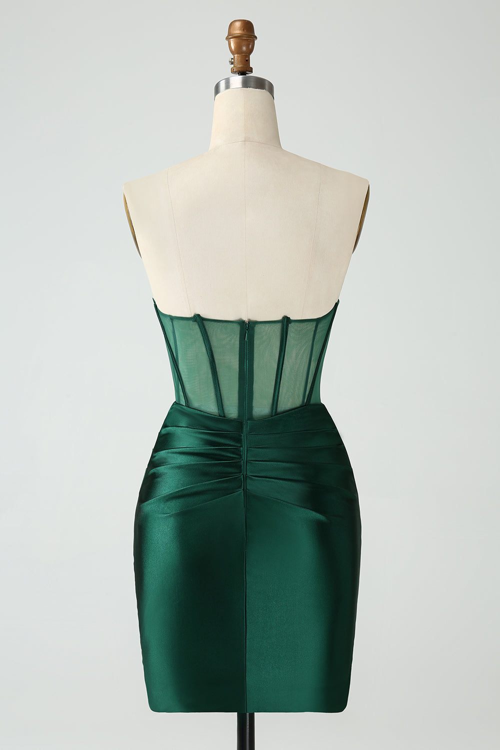 Back of Strapless Sheer Bodice Mini Cocktail Dress in Emerald Green