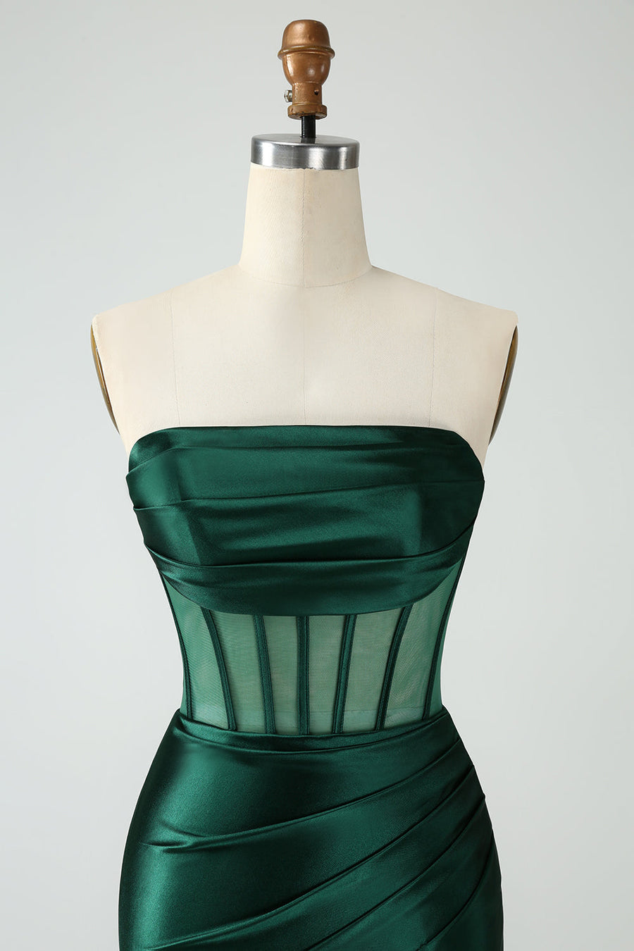 top of Strapless Sheer Bodice Mini Cocktail Dress in Emerald Green