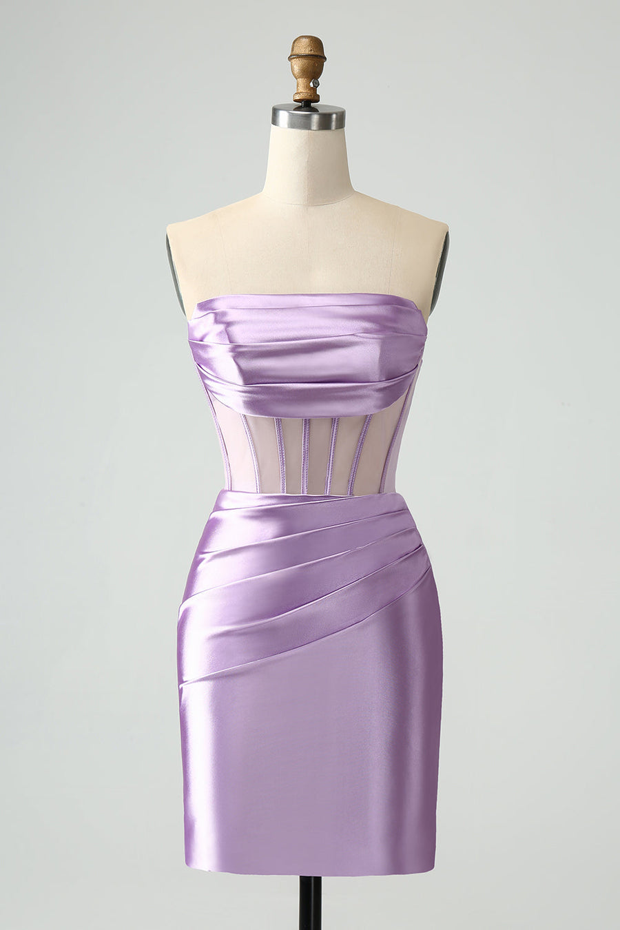 Strapless Sheer Bodice Mini Cocktail Dress in lavender