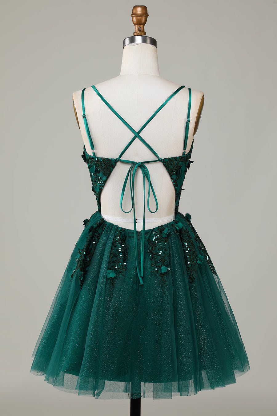 back of Emerald Green V-Neck A-Line Homecoming Dress with Appliques