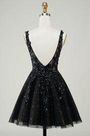 back of Glitter Applique V-Neck A-Line Homecoming Dress in black