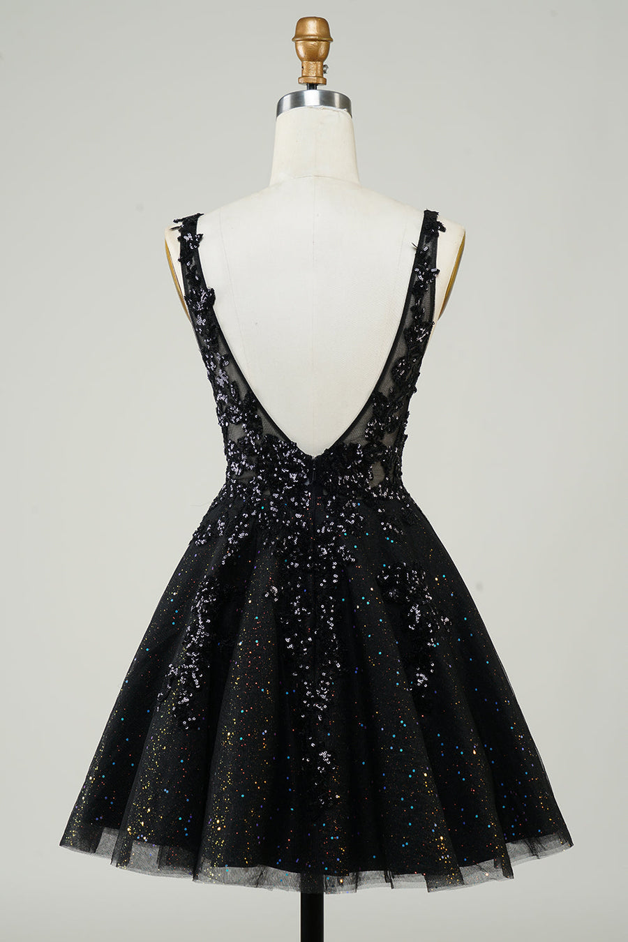 back of Glitter Applique V-Neck A-Line Homecoming Dress in black