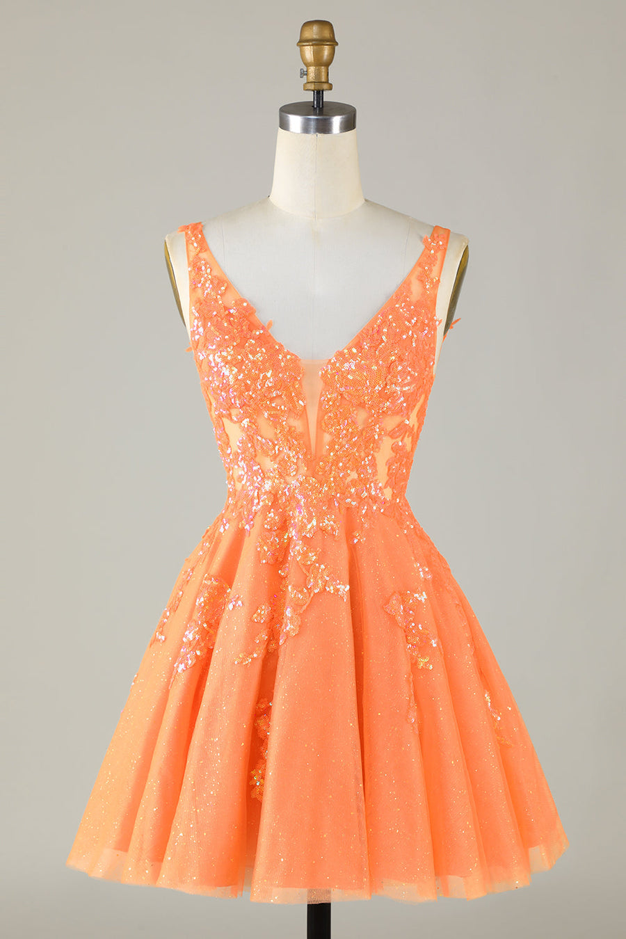 Glitter Applique V-Neck A-Line Homecoming Dress in orange