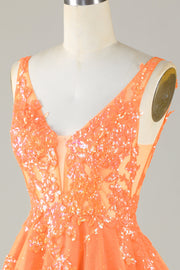 Glitter Applique V-Neck A-Line Homecoming Dress in orange