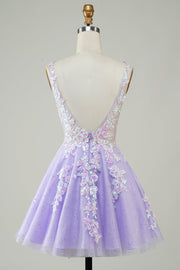 back of Glitter Applique V-Neck A-Line Homecoming Dress in lavender