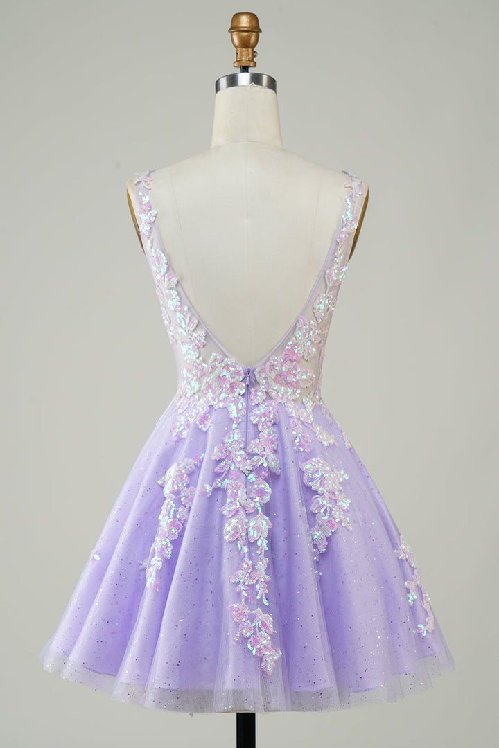 back of Glitter Applique V-Neck A-Line Homecoming Dress in lavender