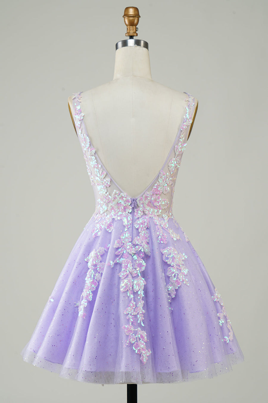 back of Glitter Applique V-Neck A-Line Homecoming Dress in lavender