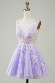 Glitter Applique V-Neck A-Line Homecoming Dress in lavender