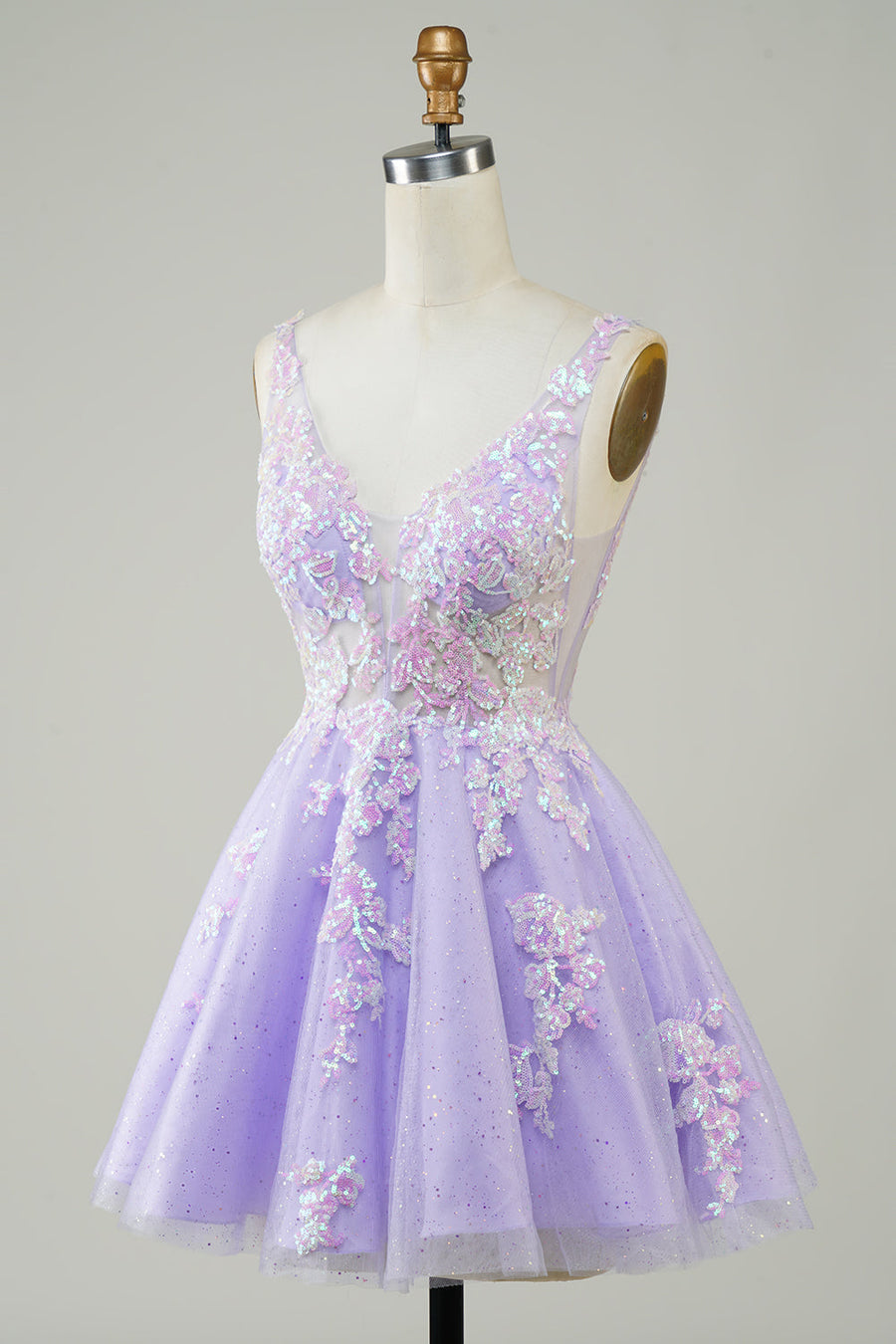 Glitter Applique V-Neck A-Line Homecoming Dress in lavender